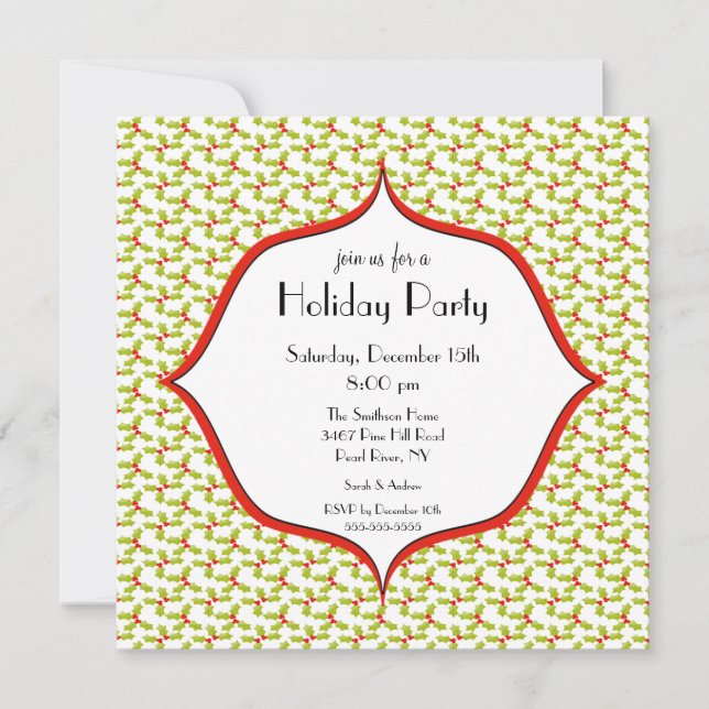 Elegant Holly Holiday Christmas Party Invitation (Front)