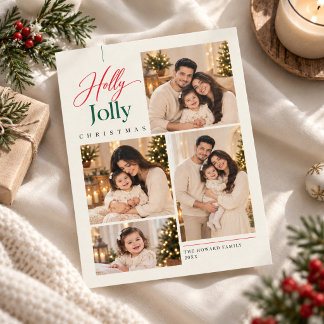 Elegant Holly Jolly Family 4 Photo Christmas Holiday Card