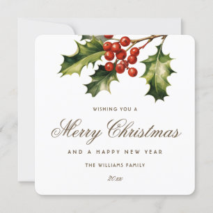 Elegant Holly Red Berries Botanical Holiday Card