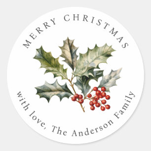 Elegant Holly Red Berries Watercolor Christmas Classic Round Sticker