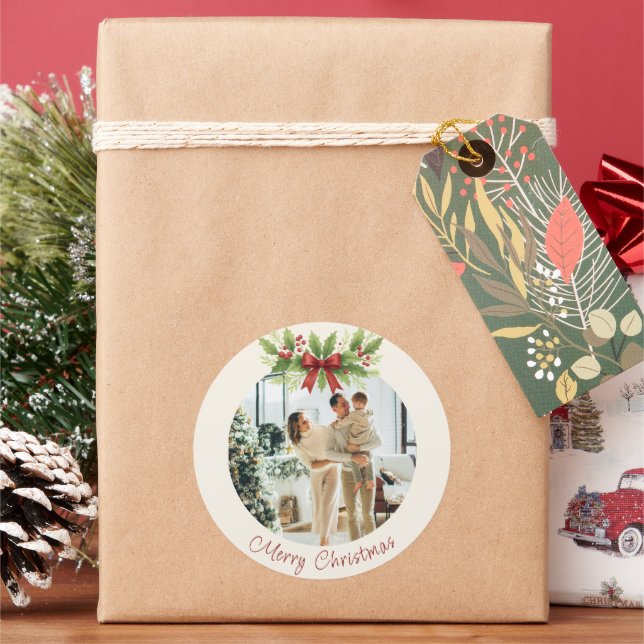 Elegant Holly & Red Bow Christmas -  Classic Round Sticker (Holiday)