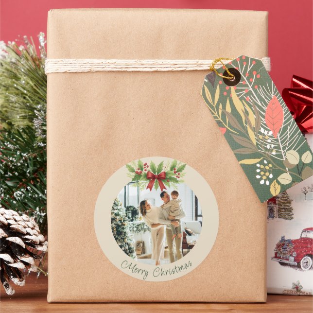 Elegant Holly & Red Bow Christmas -  Classic Round Sticker (Holiday)