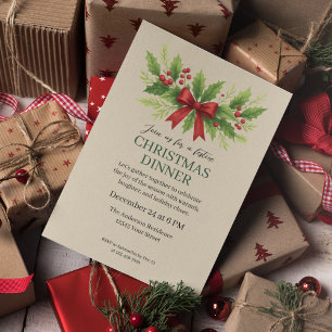 Elegant Holly & Red Bow Christmas Dinner - Invitation