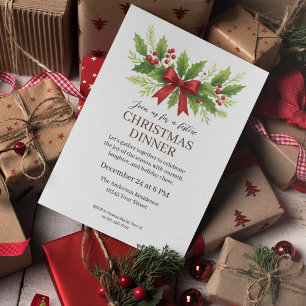 Elegant Holly & Red Bow Christmas Dinner -  Invitation