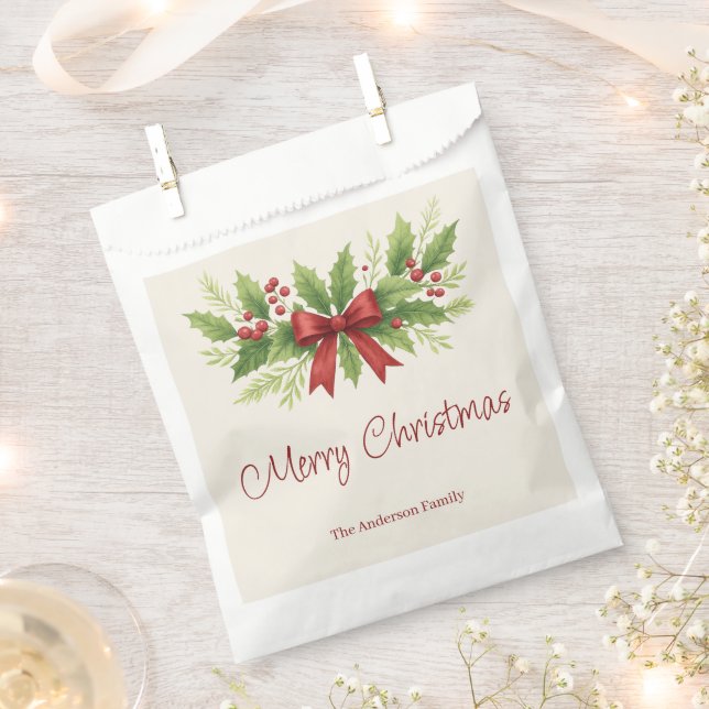 Elegant Holly & Red Bow Christmas -  Favour Bag (Clipped)