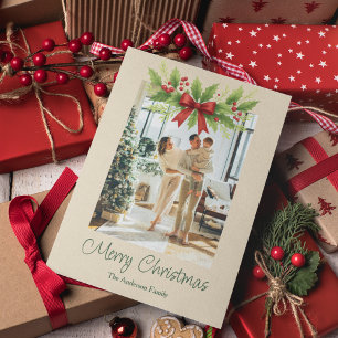 Elegant Holly & Red Bow Christmas Holiday Card