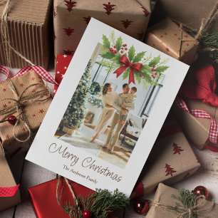 Elegant Holly & Red Bow Christmas Holiday Card