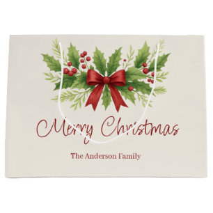 Elegant Holly & Red Bow Christmas - Large Gift Bag