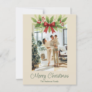 Elegant Holly & Red Bow Christmas Postcard