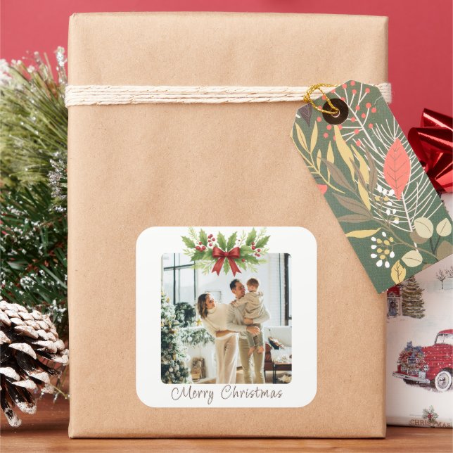 Elegant Holly & Red Bow Christmas -  Square Sticker (Holiday)