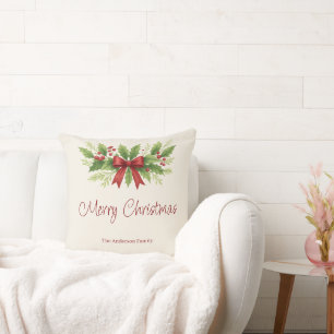 Elegant Holly & Red Bow Christmas - Throw Pillow