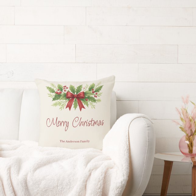 Elegant Holly & Red Bow Christmas -  Throw Pillow (Couch)