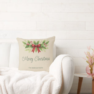 Elegant Holly & Red Bow Christmas - Throw Pillow