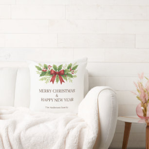 Elegant Holly & Red Bow Christmas - Throw Pillow