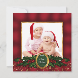 Elegant Holly Red Gold Photo Christmas Cards
