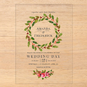 Elegant Holly Wreath Christmas Wedding Acrylic Invitations