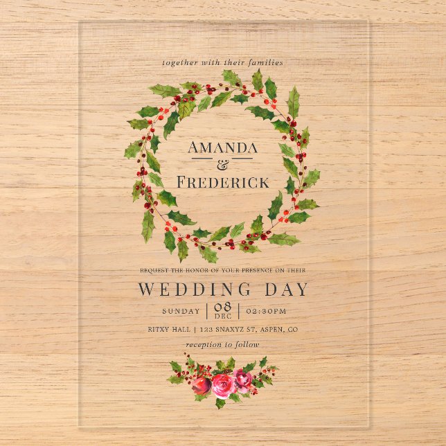 Elegant Holly Wreath Christmas Wedding Acrylic Invitations (Front)