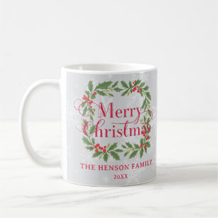 Elegant Holly Wreath Merry Christmas Family Coffee Mug