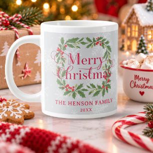 Elegant Holly Wreath Merry Christmas Family Large Coffee Mug