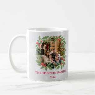 Elegant Holly Wreath Merry Christmas Family Photo Coffee Mug
