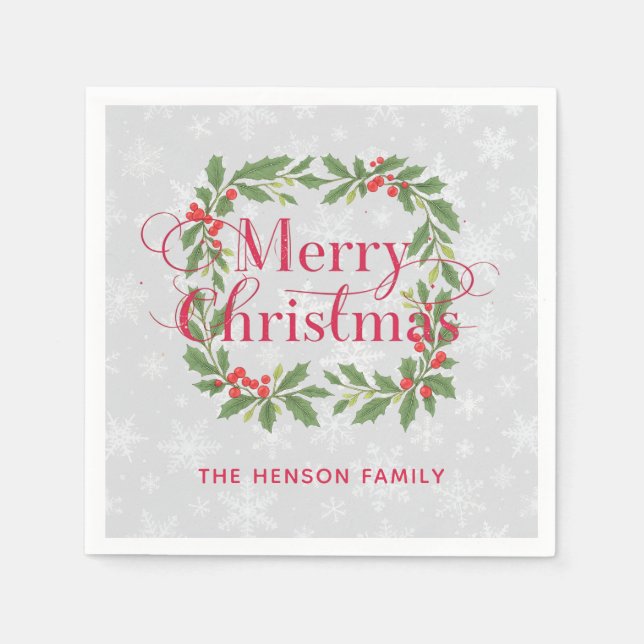 Elegant Holly Wreath Merry Christmas Napkin (Front)