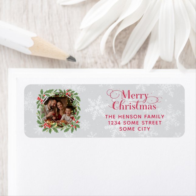 Elegant Holly Wreath Merry Christmas Photo Address (En situation)