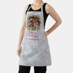Elegant Holly Wreath Merry Christmas Photo Apron