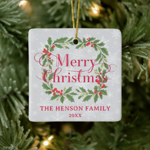 Elegant Holly Wreath Merry Christmas Photo Ceramic Ornament