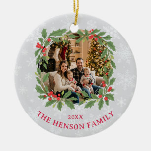 Elegant Holly Wreath Merry Christmas Photo Ceramic Ornament