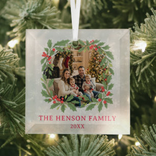 Elegant Holly Wreath Merry Christmas Photo Glass Ornament