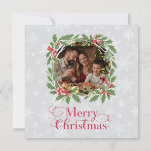 Elegant Holly Wreath Merry Christmas Photo Holiday Card