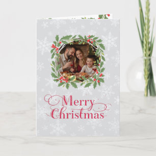 Elegant Holly Wreath Merry Christmas Photo Holiday Card