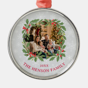 Elegant Holly Wreath Merry Christmas Photo Metal Ornament