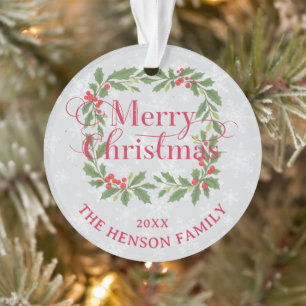 Elegant Holly Wreath Merry Christmas Photo Ornament