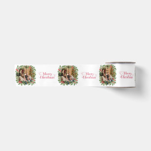 Elegant Holly Wreath Merry Christmas Photo Satin Ribbon
