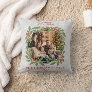 Elegant Holly Wreath Merry Christmas Photo Throw Pillow