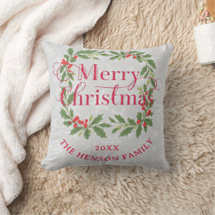 Elegant Holly Wreath Merry Christmas Photo Throw Pillow