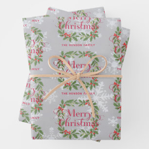 Elegant Holly Wreath Merry Christmas Wrapping Paper Sheet