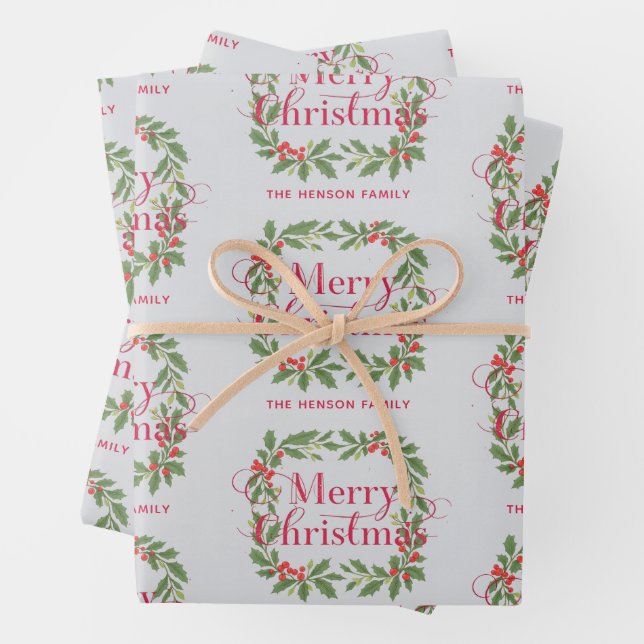 Elegant Holly Wreath Merry Christmas Wrapping Paper Sheet (In situ)