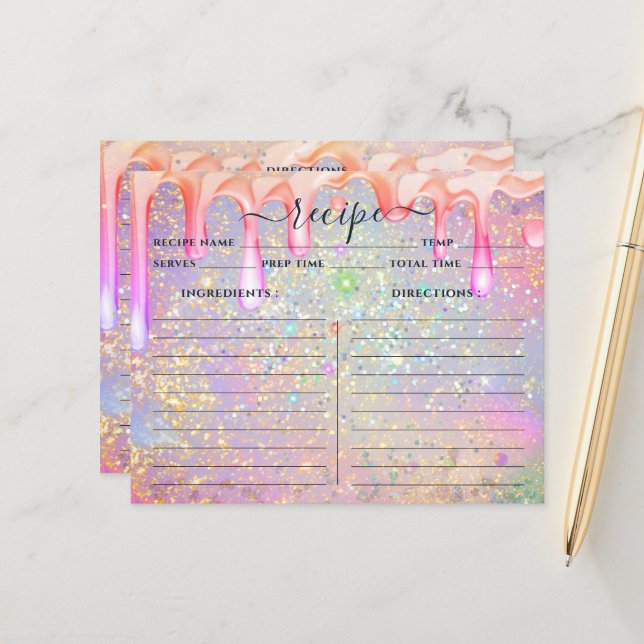 Elegant Holographic Drip Gold Glitter Recipe Cards (Front/Back In Situ)