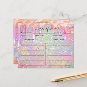 Elegant Holographic Drip Gold Glitter Recipe Cards