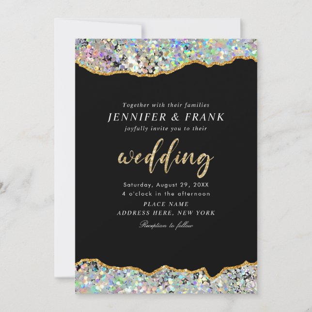 Elegant Holographic Glitter Agate Black Modern Invitation (Front)