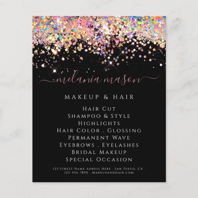 Elegant Holographic Glitter Beauty Salon Black  Flyer (Front)