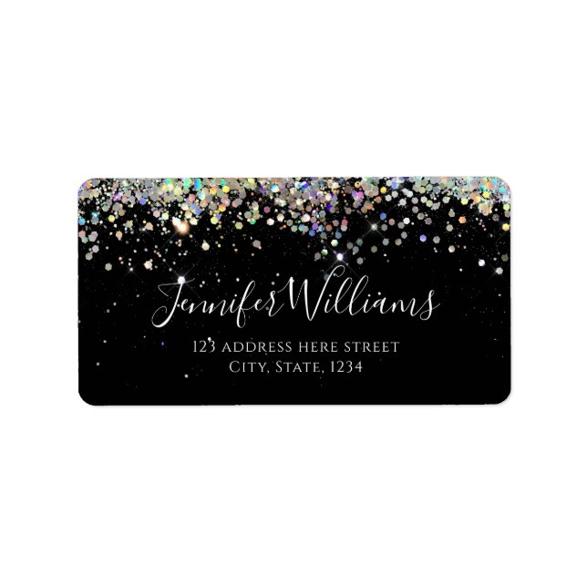 Elegant Holographic Glitter Black Modern Label (Front)