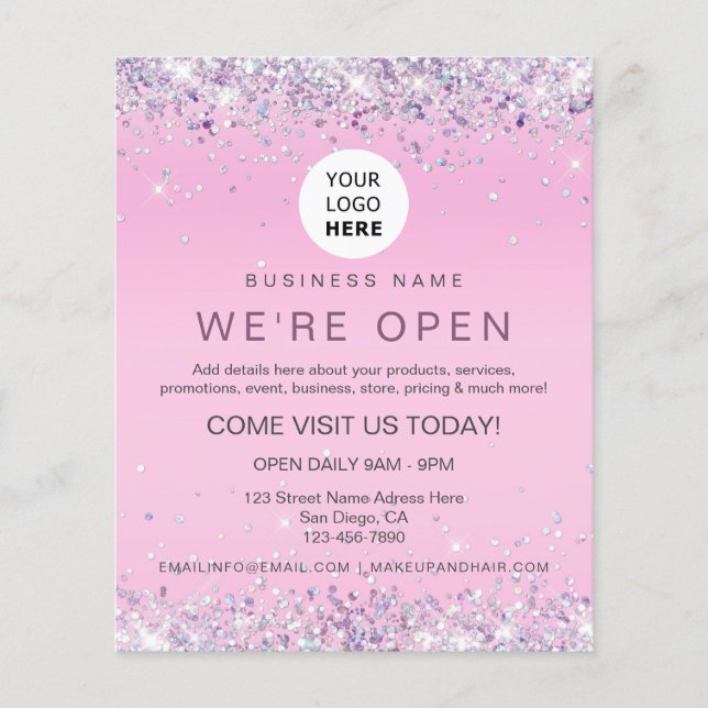Elegant Holographic Glitter Custom Logo Pink Flyer (Front)