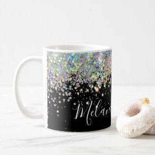 Elegant Holographic Glitter Custom Name Black Coff Coffee Mug