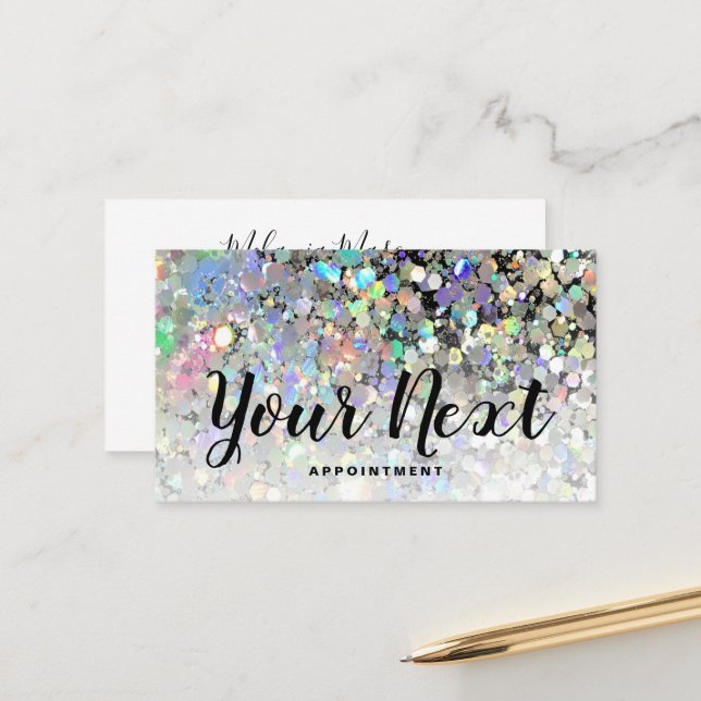 Elegant Holographic Glitter Makeup Artist Appointment Card (Front/Back In Situ)