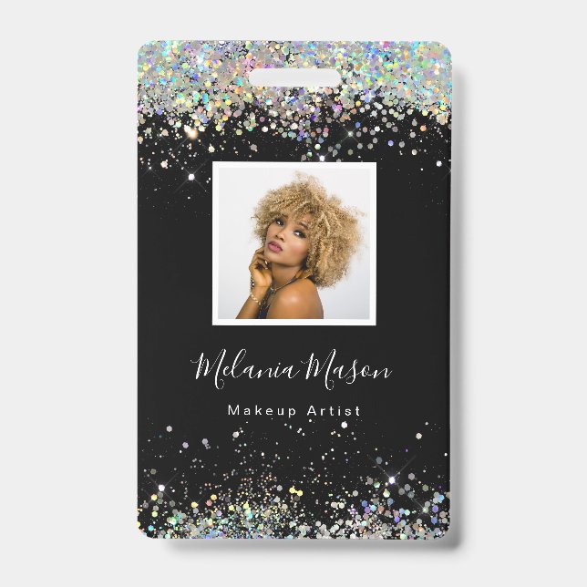 Elegant Holographic Glitter Makeup Artist Black Badge (Front)