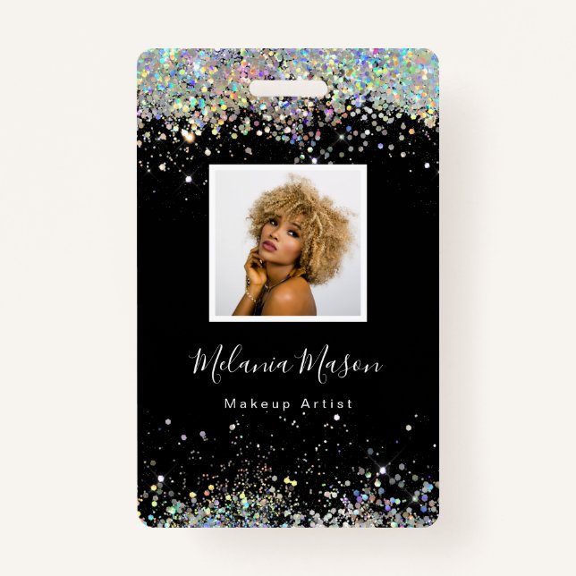 Elegant Holographic Glitter Makeup Artist Black Badge (Front)