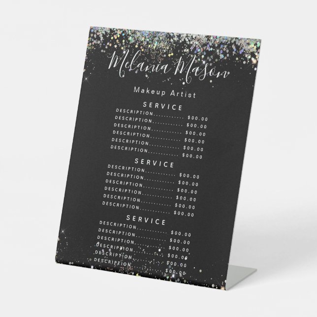 Elegant Holographic Glitter Makeup Artist Black  Pedestal Sign (Front)